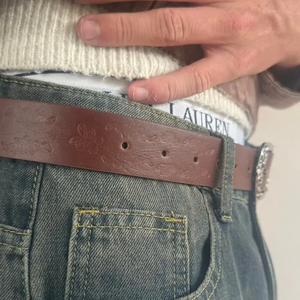 Y2K Style Brown American Western Floral Design Belt